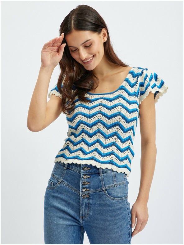 Orsay Синьо-бял дамски пуловер тениска с десенORSAY