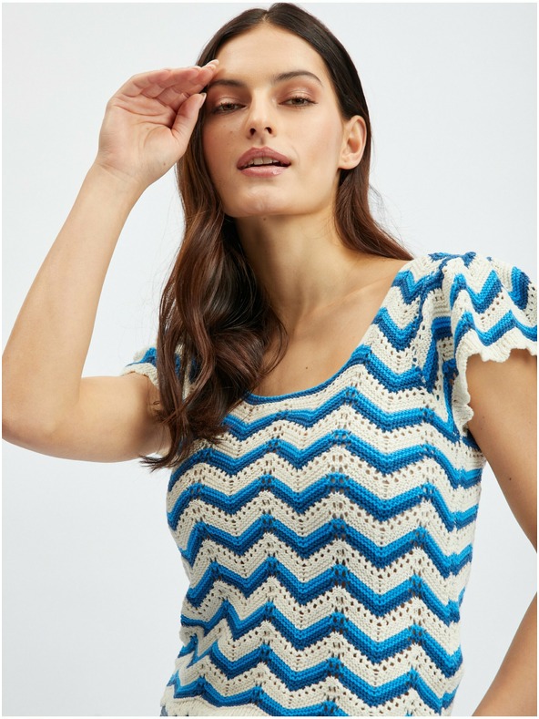 Orsay Синьо-бял дамски пуловер тениска с десенORSAY