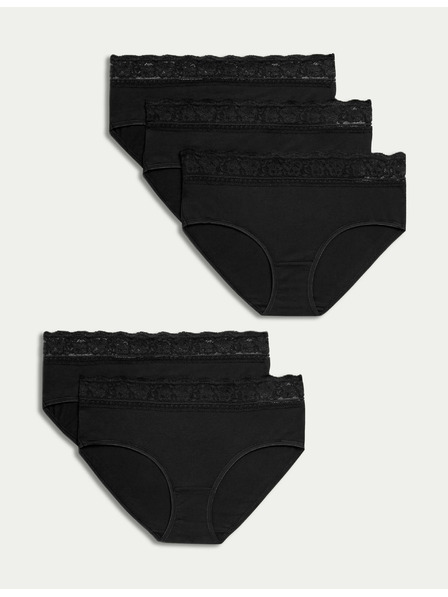 Marks & Spencer Дантелени миди бикини от памук и ликра, 5 опаковки Marks & Spencer черно