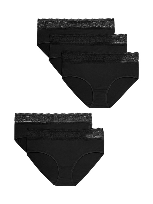 Marks & Spencer Дантелени миди бикини от памук и ликра, 5 опаковки Marks & Spencer черно