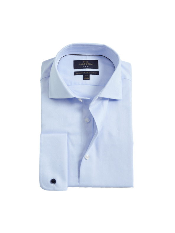 Marks & Spencer Риза с тънка кройка от луксозен памук с двоен маншет Marks & Spencer синьо