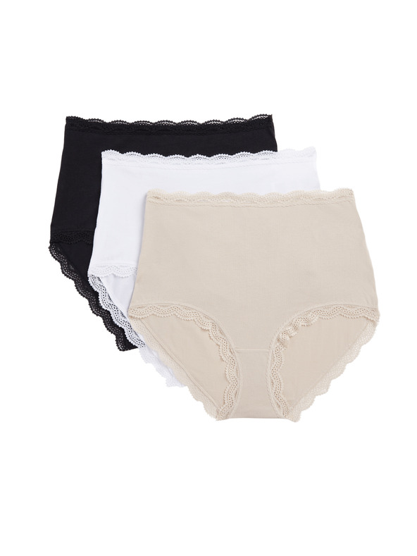 Marks & Spencer Памучни бикини с висока талия, 3 броя Marks & Spencer бежови