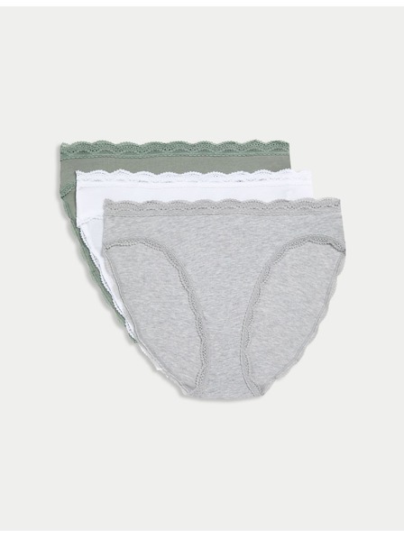 Marks & Spencer Памучни дантелени бикини с висока талия, 3 броя Marks & Spencer зелено