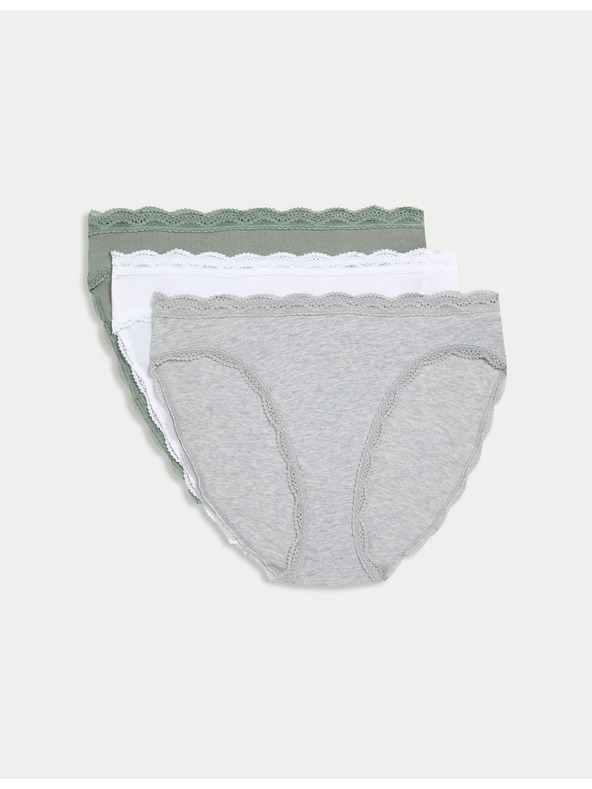 Marks & Spencer Памучни дантелени бикини с висока талия, 3 броя Marks & Spencer зелено