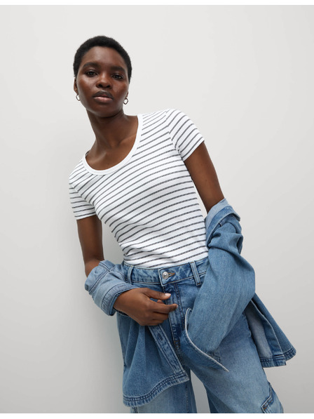 Marks & Spencer Раирана тениска с овален деколте, с висок дял памук Marks & Spencer бяла