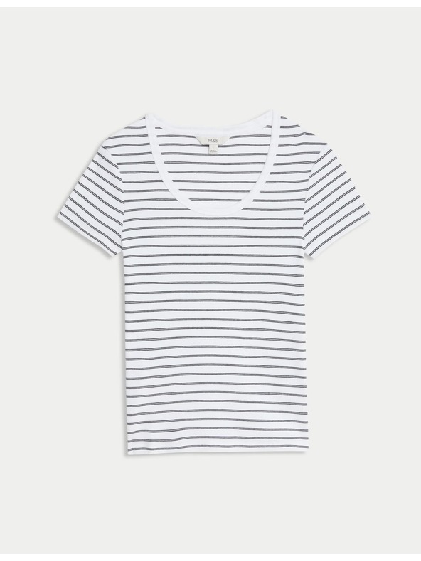 Marks & Spencer Раирана тениска с овален деколте, с висок дял памук Marks & Spencer бяла