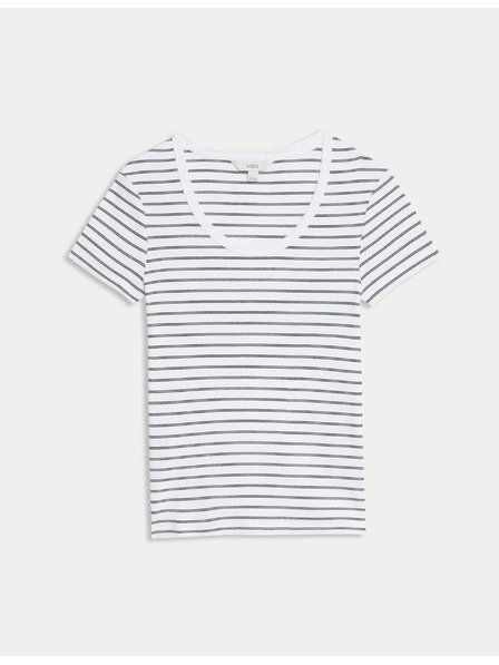 Marks & Spencer Раирана тениска с овален деколте, с висок дял памук Marks & Spencer бяла