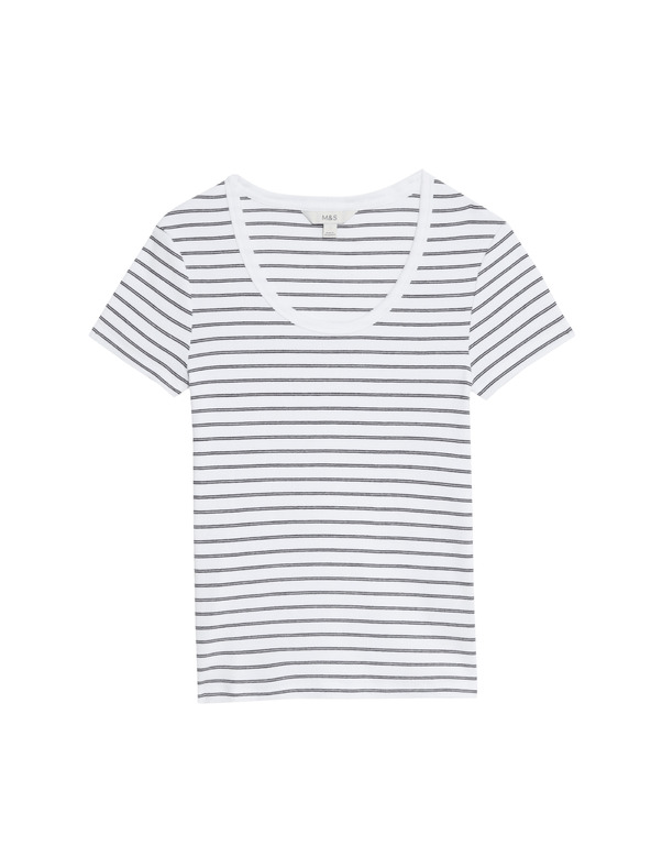 Marks & Spencer Раирана тениска с овален деколте, с висок дял памук Marks & Spencer бяла