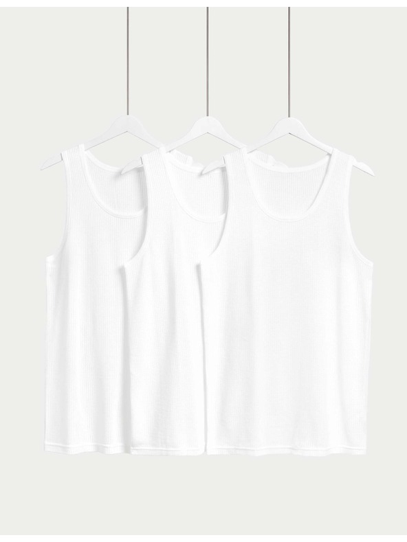 Marks & Spencer Класически потници от чист памук без ръкави, с мрежа, 3 бр. Marks & Spencer бели