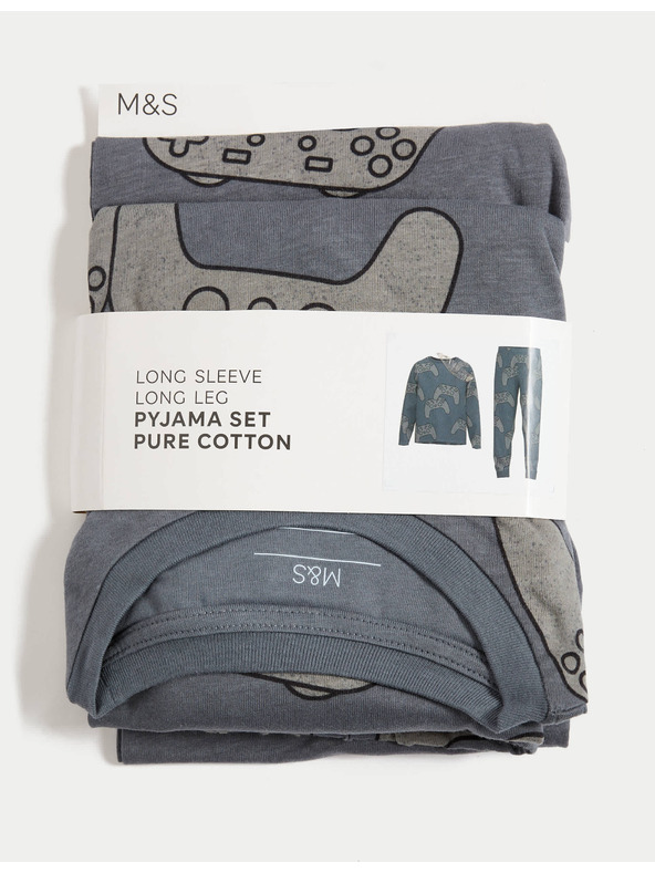 Marks & Spencer Пижама от чиста памучна материя с принт с игра (3–16 години) Marks & Spencer сива