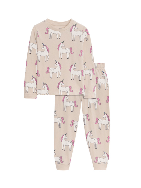Marks & Spencer Пижама от чист памук с принт на еднорог (12 месеца - 8 години) Marks & Spencer кремав