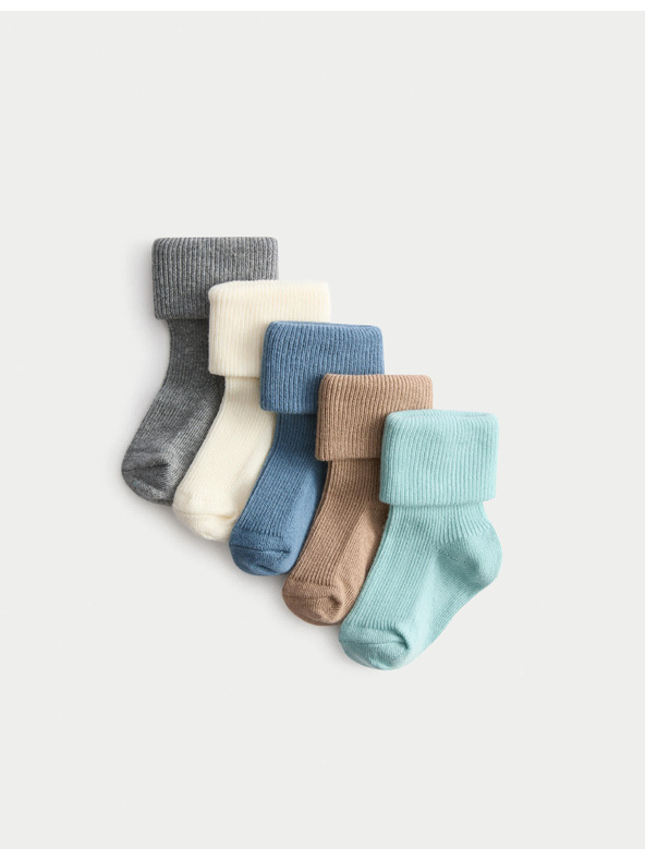 Marks & Spencer Ребрести детски чорапи с висок дял памук (0–2 години), 5 чифта в опаковка Marks & Spencer многоцветна