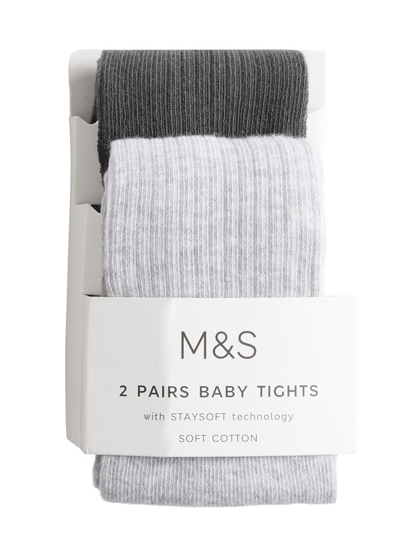 Marks & Spencer Комплект 2 бр. чорапогащи с ребрест десен и висок дял памук (0–3 години) Marks & Spencer сив