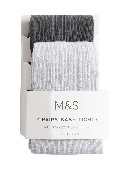 Marks & Spencer Комплект 2 бр. чорапогащи с ребрест десен и висок дял памук (0–3 години) Marks & Spencer сив