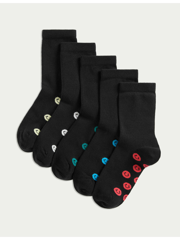 Marks & Spencer Училищни чорапи с висок дял памук и усмивки, 5 чифта Marks & Spencer черен