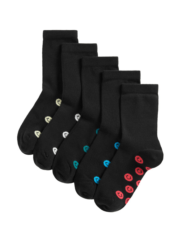Marks & Spencer Училищни чорапи с висок дял памук и усмивки, 5 чифта Marks & Spencer черен