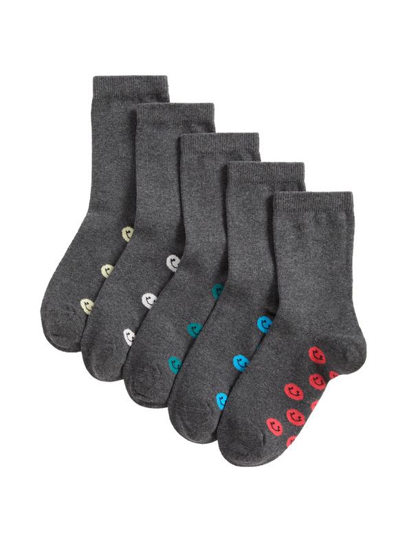 Marks & Spencer Училищни чорапи с висок дял памук и усмивки, 5 чифта (6 малки – 7 големи) Marks & Spencer сив