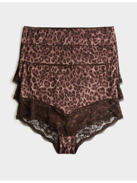 Marks & Spencer Бикини с висока талия с дантелен ръб и леопардов принт, 3 бр. в опаковка Marks & Spencer кафява
