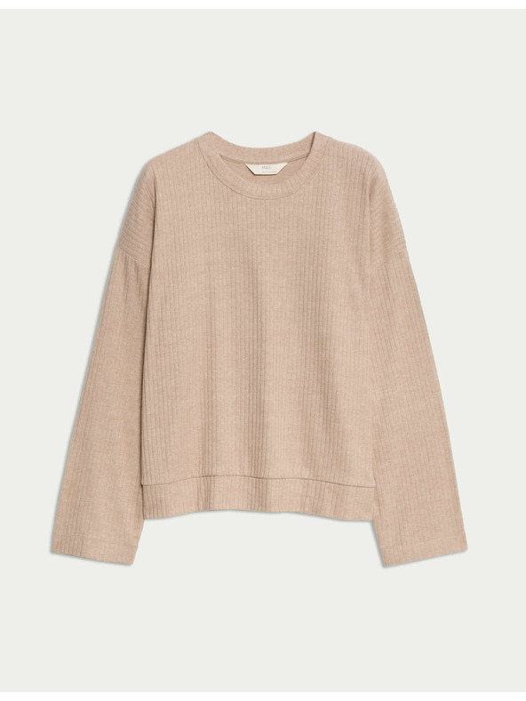 Marks & Spencer Ребрест пижамен топ с деколте при врата и дълги ръкави Marks & Spencer cremav