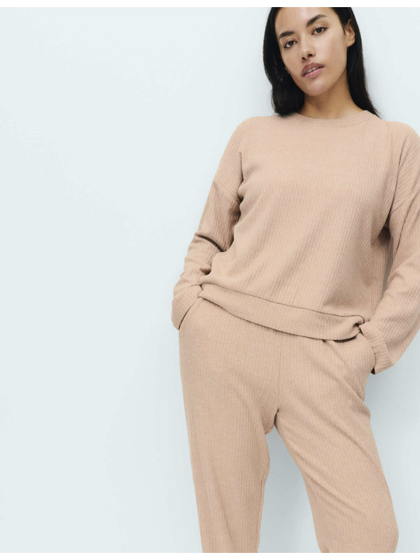 Marks & Spencer Ребрест пижамен топ с деколте при врата и дълги ръкави Marks & Spencer cremav