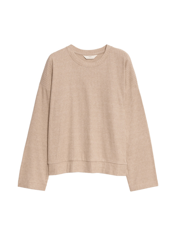 Marks & Spencer Ребрест пижамен топ с деколте при врата и дълги ръкави Marks & Spencer cremav