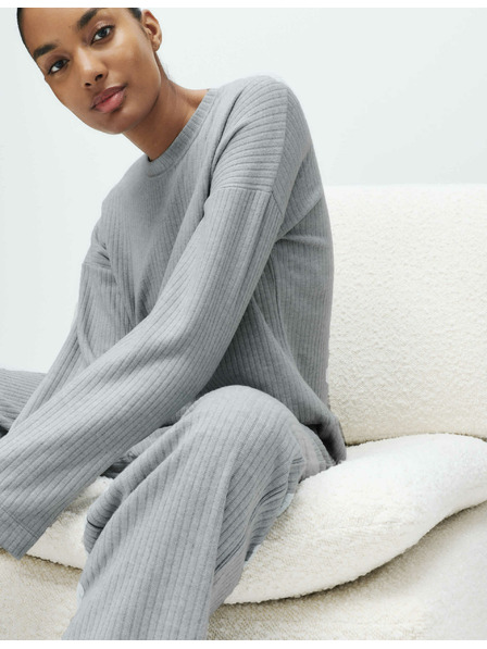 Marks & Spencer Ребрест пижамен топ с деколте при врата и дълги ръкави Marks & Spencer сиво
