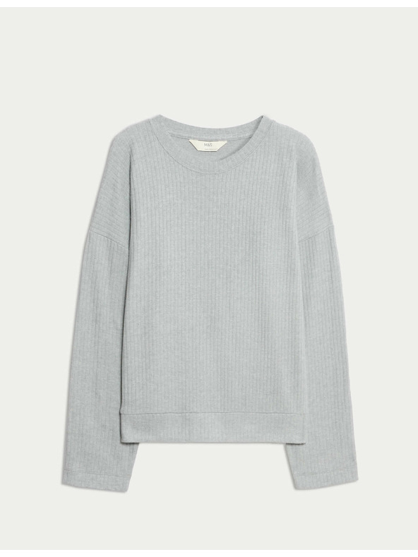 Marks & Spencer Ребрест пижамен топ с деколте при врата и дълги ръкави Marks & Spencer сиво
