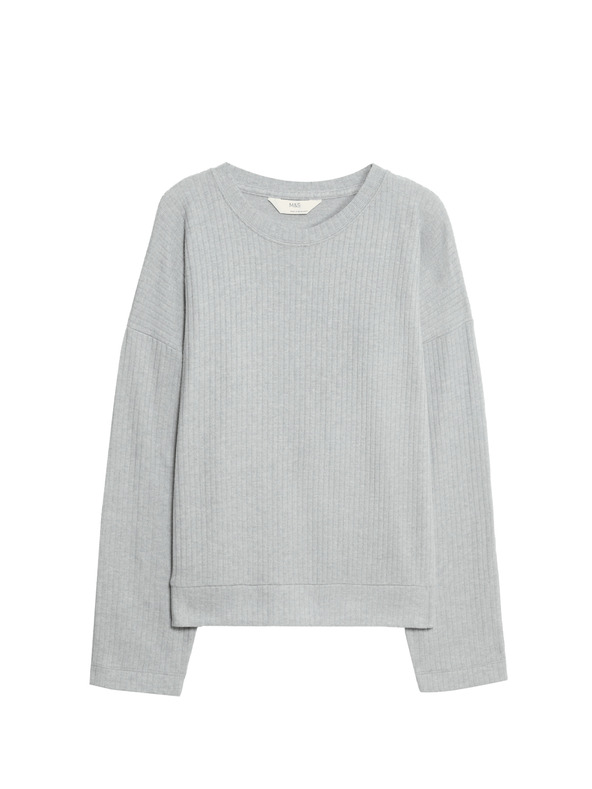 Marks & Spencer Ребрест пижамен топ с деколте при врата и дълги ръкави Marks & Spencer сиво