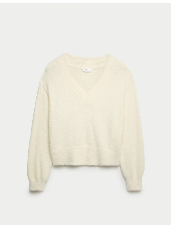 Marks & Spencer Мек плетен пухен топ с V-образно деколте Marks & Spencer cremav