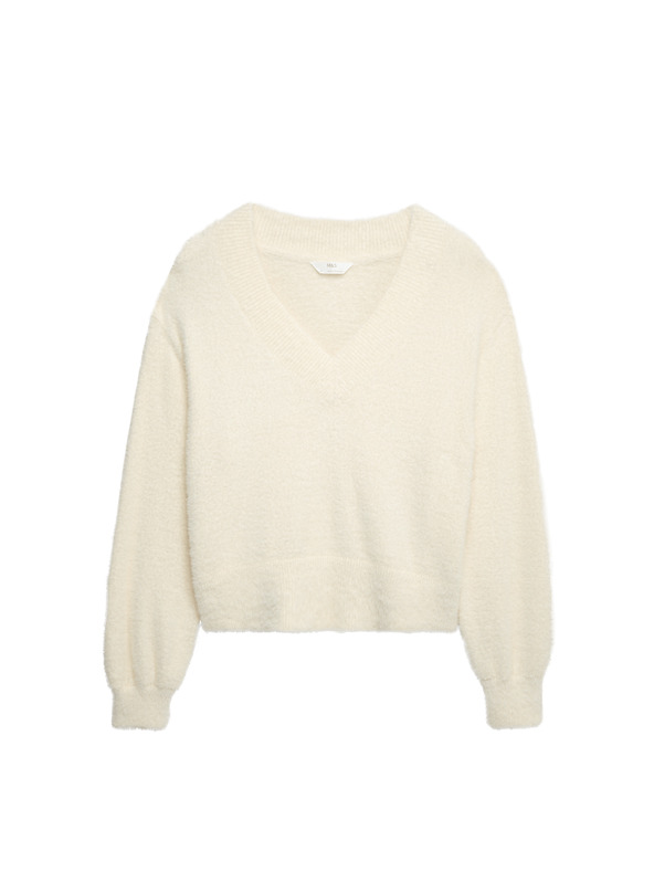 Marks & Spencer Мек плетен пухен топ с V-образно деколте Marks & Spencer cremav