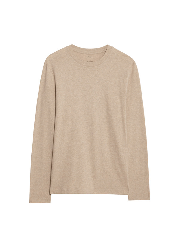 Marks & Spencer Чисто памучна тениска с дълъг ръкав, мека на допир Marks & Spencer бежова