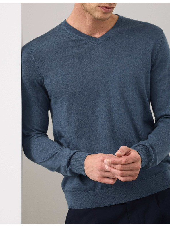 Marks & Spencer Суитшърт с V-образно деколте от чиста извънредно фина вълна мерино Marks & Spencer морско синя
