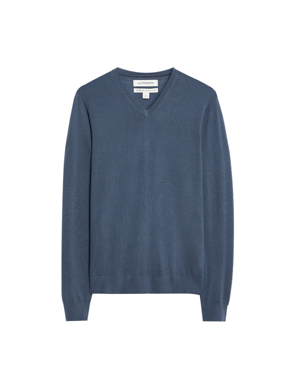Marks & Spencer Суитшърт с V-образно деколте от чиста извънредно фина вълна мерино Marks & Spencer морско синя