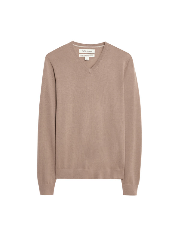 Marks & Spencer Суитшърт с V-образно деколте от чиста извънредно фина вълна мерино Marks & Spencer кафява