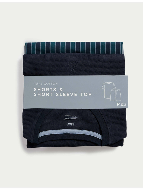 Marks & Spencer Пижама от чиста памучна материя с вафлена текстура Marks & Spencer тъмносиня