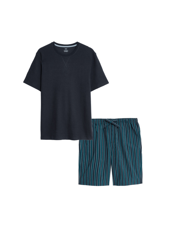 Marks & Spencer Пижама от чиста памучна материя с вафлена текстура Marks & Spencer тъмносиня