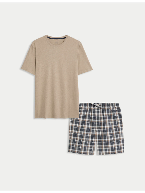 Marks & Spencer Неутрален карирана пижама от чиста памучна материя Marks & Spencer кремава