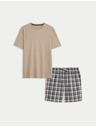 Marks & Spencer Неутрален карирана пижама от чиста памучна материя Marks & Spencer кремава