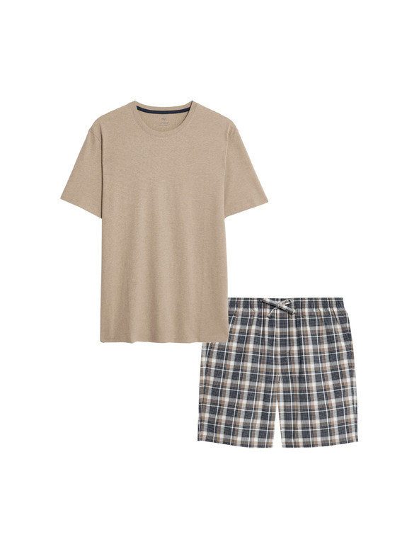 Marks & Spencer Неутрален карирана пижама от чиста памучна материя Marks & Spencer кремава