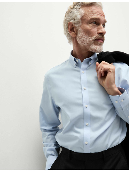 Marks & Spencer Риза от чист памук с класически силует с незабавна грижа Marks & Spencer синя