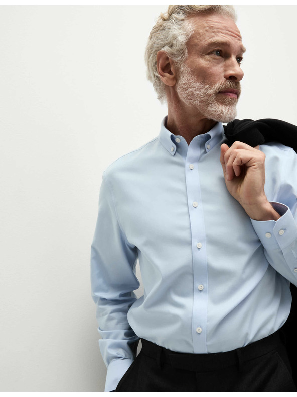 Marks & Spencer Риза от чист памук с класически силует с незабавна грижа Marks & Spencer синя