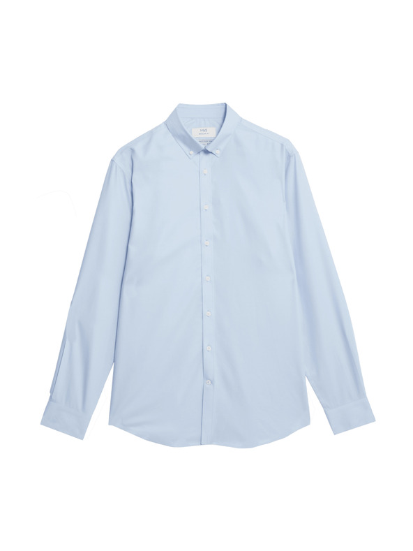 Marks & Spencer Риза от чист памук с класически силует с незабавна грижа Marks & Spencer синя