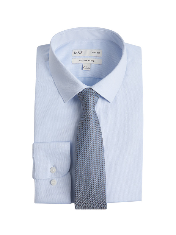 Marks & Spencer Риза с тесен силует и вратовръзка, лесна за гладене Marks & Spencer синя