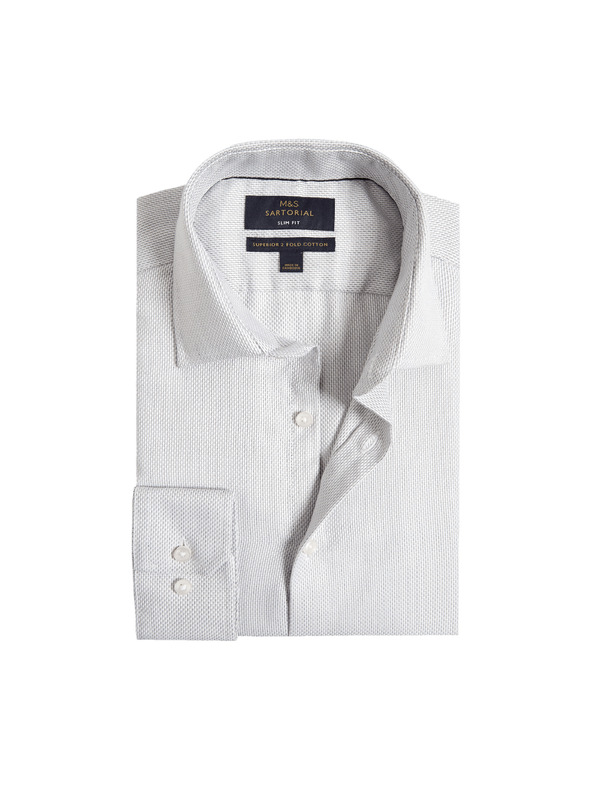 Marks & Spencer Луксозна риза с тесен силует от чист памук с текстура Marks & Spencer сива