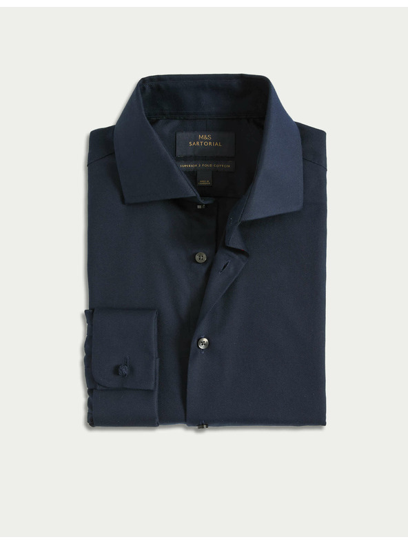 Marks & Spencer Кепрена риза с тесен силует от луксозен памук с двойна маншета Marks & Spencer морскосиня