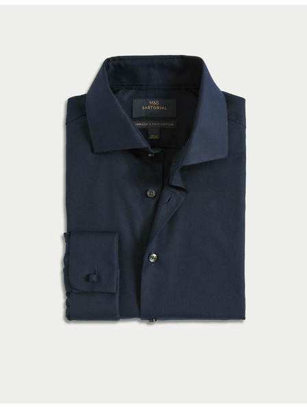 Marks & Spencer Кепрена риза с тесен силует от луксозен памук с двойна маншета Marks & Spencer морскосиня