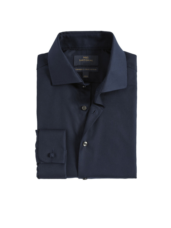 Marks & Spencer Кепрена риза с тесен силует от луксозен памук с двойна маншета Marks & Spencer морскосиня