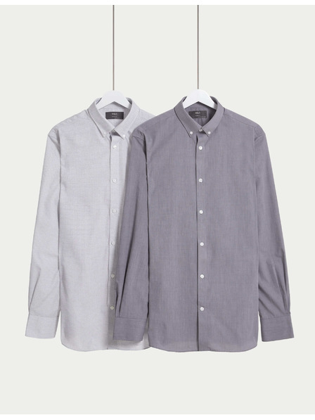 Marks & Spencer Сива риза с тесен силует от канаваца, лесна за гладене, 2 бр. в опаковка Marks & Spencer