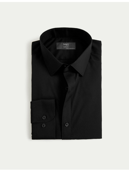 Marks & Spencer Черна риза с тесен силует, лесна за гладене Marks & Spencer