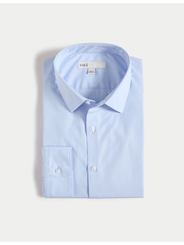 Marks & Spencer Риза с тесен силует от памучна смес с незабавна обработка Marks & Spencer синя